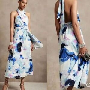 Banana Republic Watercolor Halter Midi Dress L Wedding Guest Resort Cocktail NWT